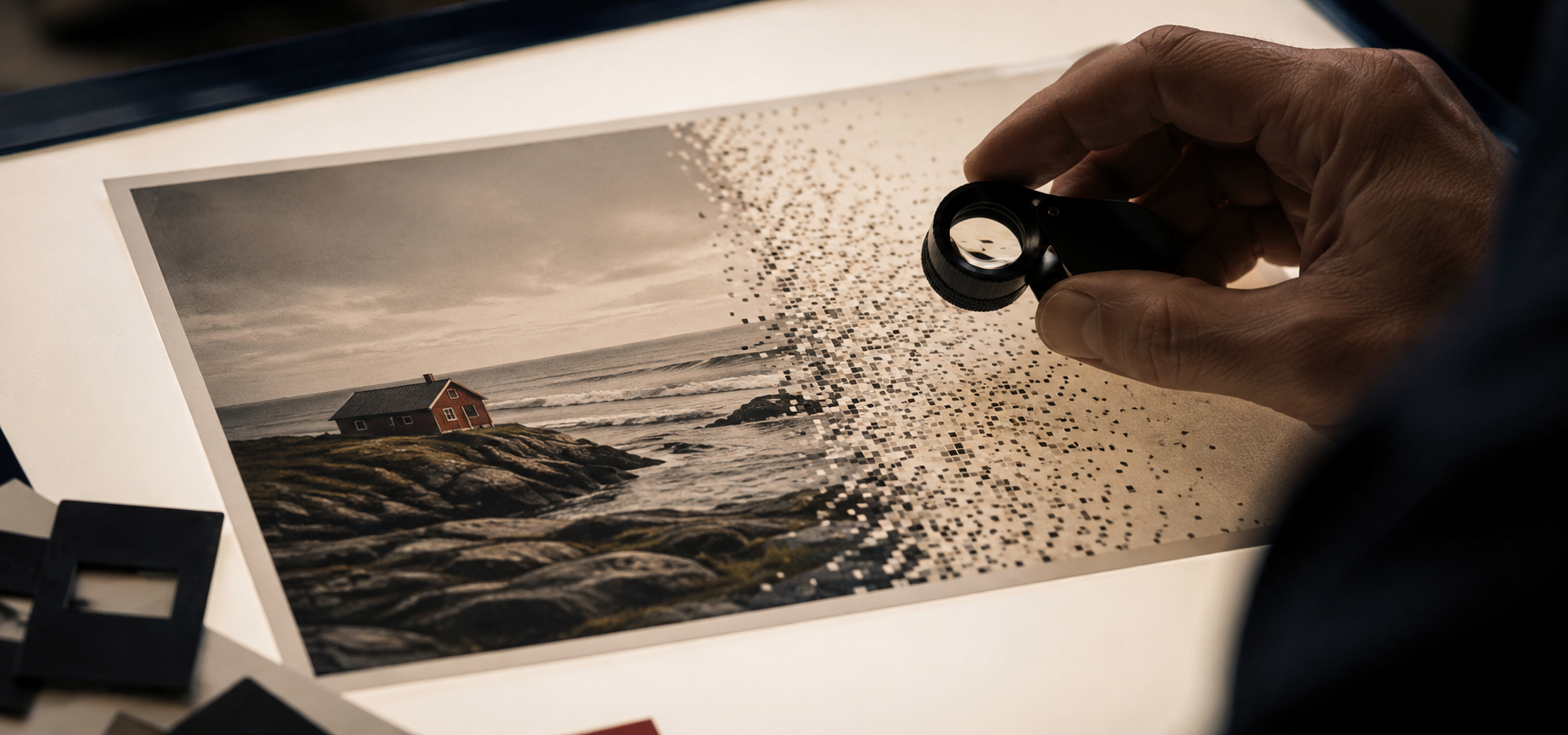 Hand with a loupe examining a photo print dissolving into digital pixels